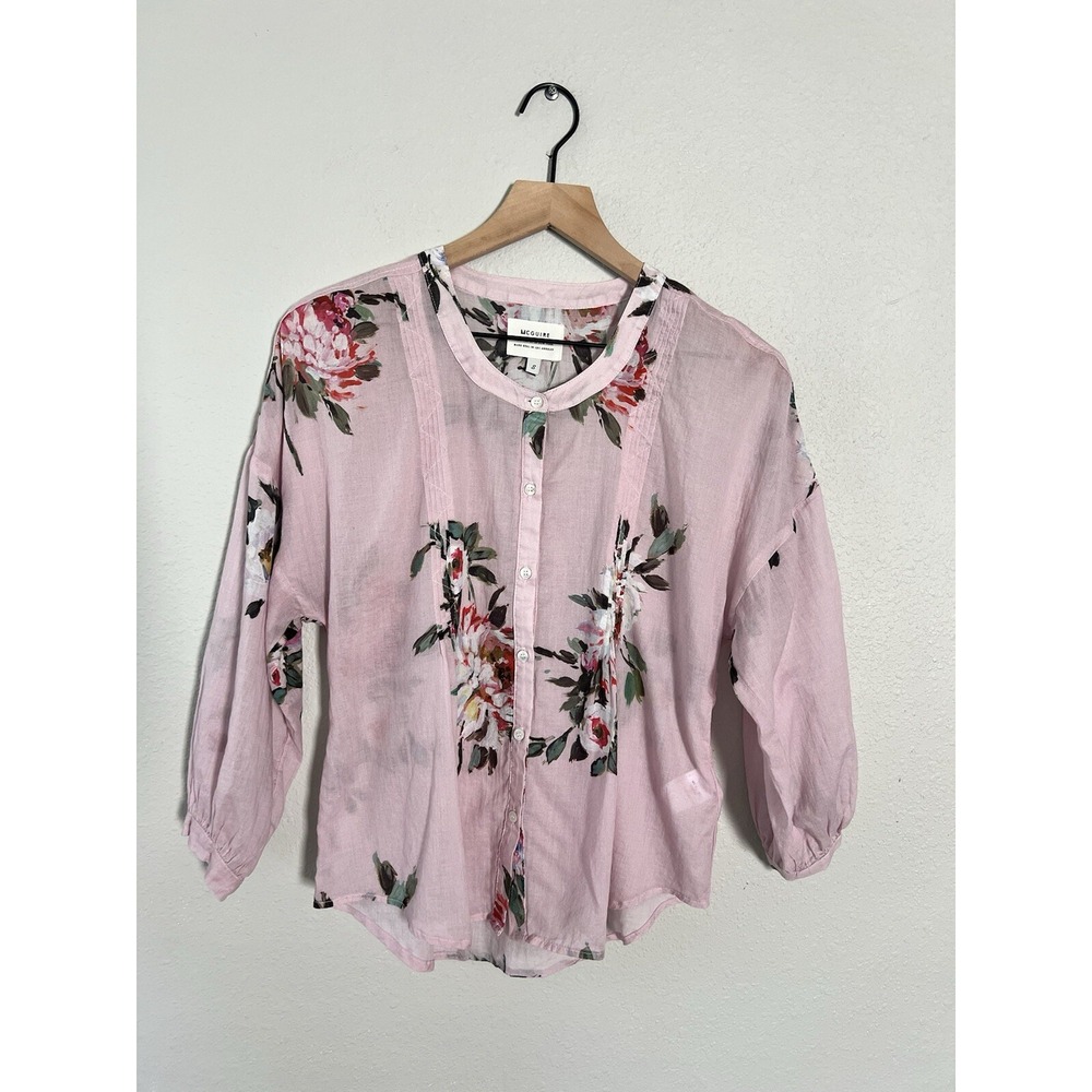 Anthropologie Mcguire Floral Print Pink Blouse Top 100% Cotton Preppy Beachy S